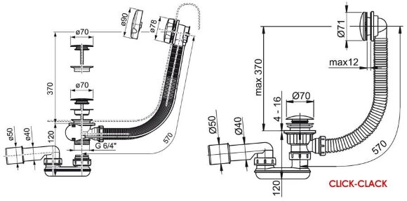 Сточный комплект для ванны с переливом "Хром II" квадратный 570 мм