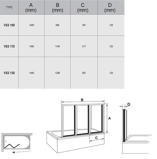 Шторка для ванны Ravak VS3 100 сатин+транспарент
