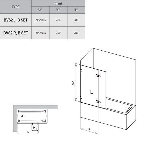 Шторка для ванны Ravak BVS2-100 хром+транспарент левая