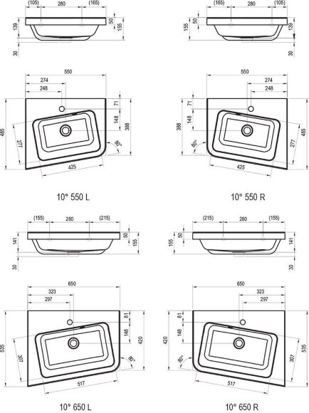 Умывальник Ravak угловой 10° 650 из литого мрамора левый