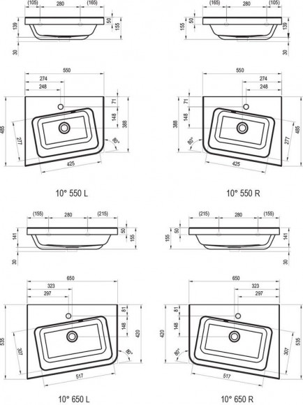Умывальник Ravak угловой 10° 650 P из литого мрамора правый