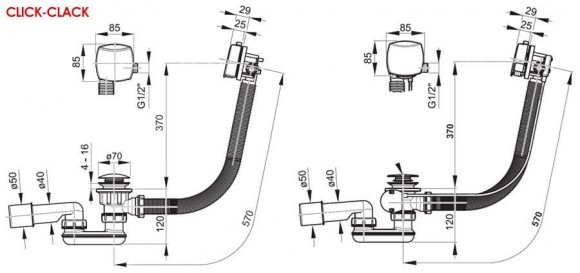 Сточный комплект для ванны с заполнением и переливом "Хром" квадратный 570 мм