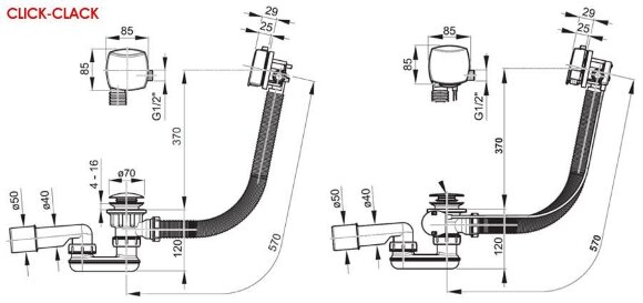 Сточный комплект для ванны с заполнением и переливом "Клик-Клак" квадратный 800 мм