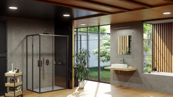 ДУШЕВОЙ УГОЛОК ЧЕТЫРЕХЭЛЕМЕНТНЫЙ С ДВУМЯ РАЗДВИЖНЫМИ ДВЕРЬМИ И УГЛОВЫМ ВХОДОМ  BLIX SLIM